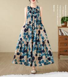 Vestido Largo sin Mangas de Algodón con Estampado de Bloques de Color y Puntos, Corte A, Cuello Redondo, Delgado, para Mujer,... - punto azul - Ver 2