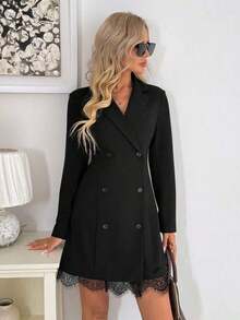 Vestido casual de otoño con doble botonadura, encaje en el dobladillo y falda acampanada, perfecto para look diario y salidas nocturnas - azul real - Ver 11