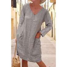 Big-Size Elegant Casual Loose Homey Laid-Back Style Pocket Long-Sleeved Dress V-Neck Dress For Women, Simple And Versatile Comfortable Mid-Length Dress, Suitable For Commuting, Shopping, Daily Outings, Office, Parties, Home Relaxation, And Travel Vacation. - Xám - Xem 4