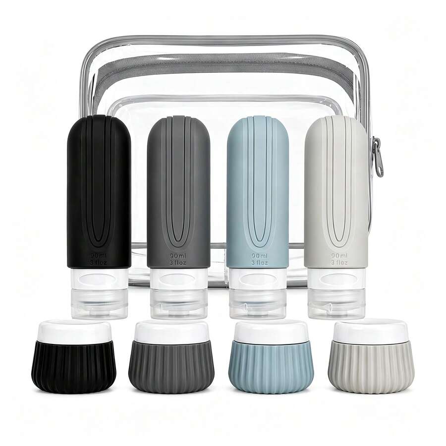 GGGold 8 piezas Juego de contenedores de silicona mate con frascos estriados y bolsa de transporte transparente, botellas rellenables a prueba de fugas para lociones y cuidado de la piel, juego de almacenamiento portátil multicolor para negocios y viajes