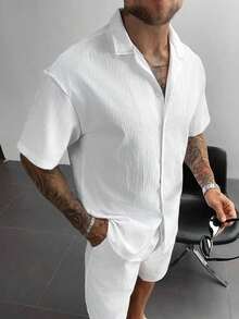 2pcs Men's Summer Set, Lightweight Breathable Cuban Linen Shirt And Drawstring Shorts Set, Vintage Gentleman Style Casual Beach Wedding Party Holiday Travel Outfit, Father's Day Gift For Husband, Dad, Boyfriend, Comfortable & Versatile - 白色 - 查看 5