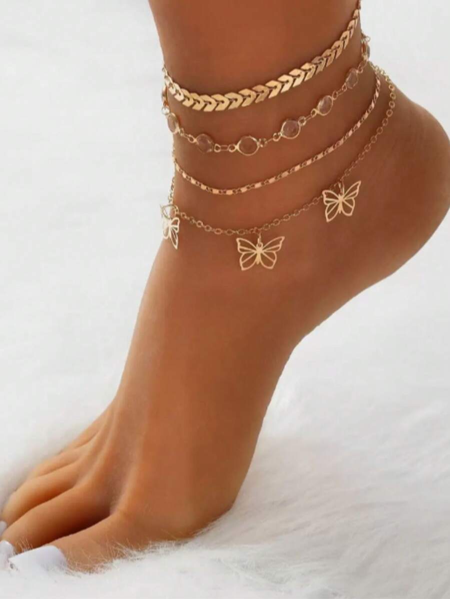 4pcs Fashionable Minimalist Elegant Butterfly Multi-Layer Anklets For Women, Summer - Gold - View 1
