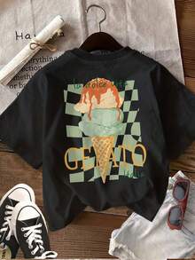 Summery Women's Top With A Double-Sided Italian-Style Print Featuring An Ice Cream And Check Pattern. La Dolce Vita GELATO Italia Printed Round Neck Short-Sleeve T-Shirt For Women - Black - View 2