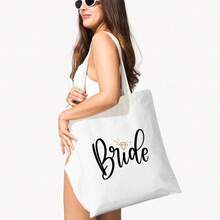 Canvas Tote Bag For Bride, Elegant Print, Reusable Shoulder Bag, Gift For The Bride-To-Be, Wedding Accessory - White - View 2