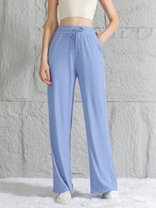 Pantalones de seda de hielo para mujer, pantalones de pierna ancha suaves, cómodos y transpirables, nuevos pantalones informales adelgazantes de cintura alta - Azul cielo - Ver 6