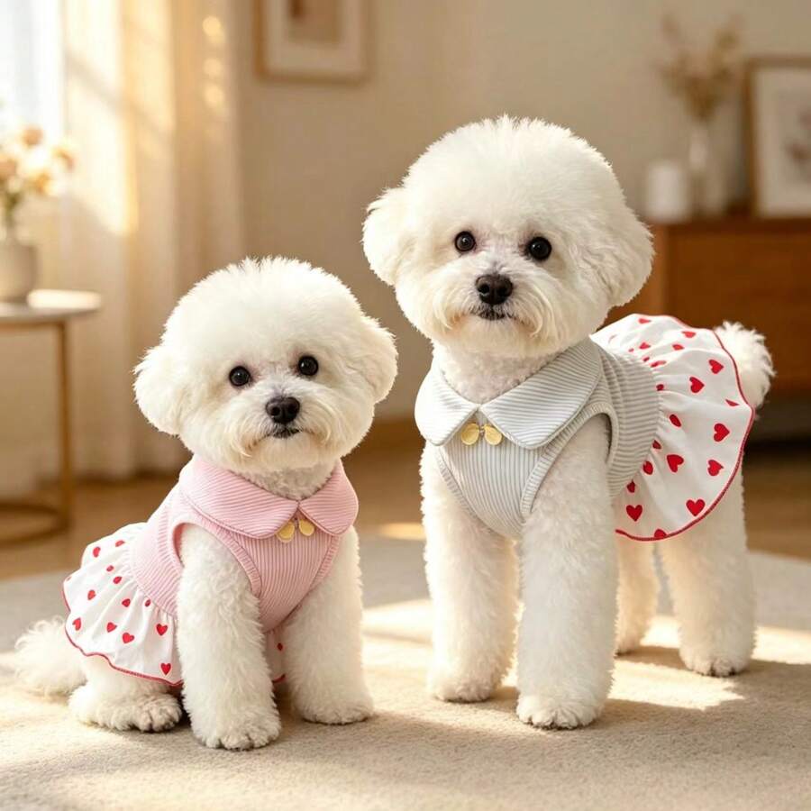 Đầm không tay cho thú cưng với họa tiết trái tim dễ thương, trang phục mùa hè thoáng khí cho chó/mèo nhỏ, quần áo thú cưng đáng yêu phù hợp với chó Poodle, Teddy và các giống chó nhỏ khác. - trắng - Xem 1