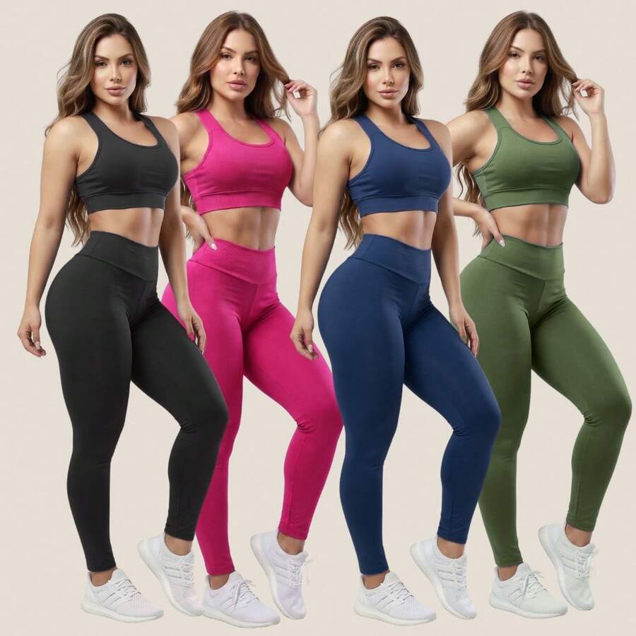 Combo Of 4 Sets Of Leggings, Gym Workout, Supplex Top And Pants A01 Plain - 黑-藏青-綠-粉 - 查看 1