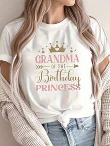 Fashionable 2026 Princess/Grandma Birthday T-Shirt - Women's Casual Short Sleeve Crew Neck T-Shirt, Lightweight For Summer And Spring, With Gold Letter Print And Crown Design. - 白色 - 查看 7