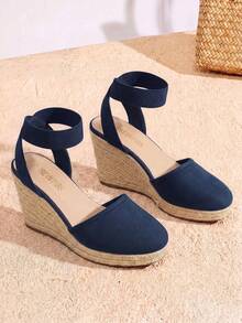 Women's Closed Toe Elastic Ankle Strap Espadrilles Vacation Outing Comfortable Commuting And Shopping Wedge Sandals Summer Shoes - 藏蓝色 - 查看 2