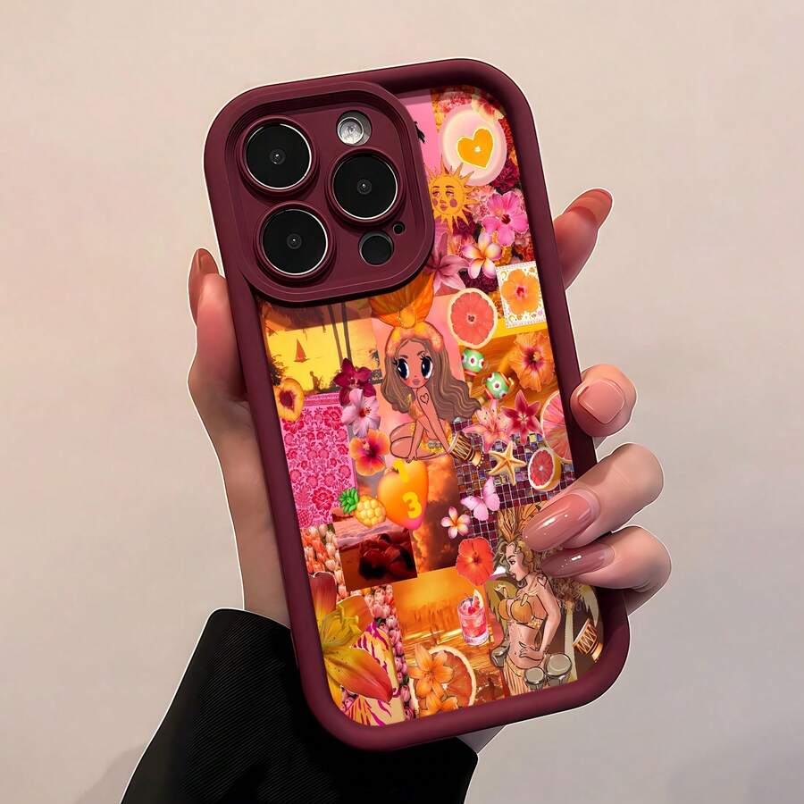 Collage tropical de color naranja y rosa inspirado en .funda de teléfono Fundas compatibles con ,Apple,VIVO,OPPO,,, y Honor.Fabricadas en silicona TPU,ofrecen protección contra golpes y caídas. - Burdeos - Ver 1