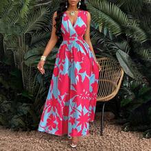Vestido vintage sin mangas con cuello en V y contraste de colores, interpretación única del estampado, estilo elegante - Fucsia - Ver 3
