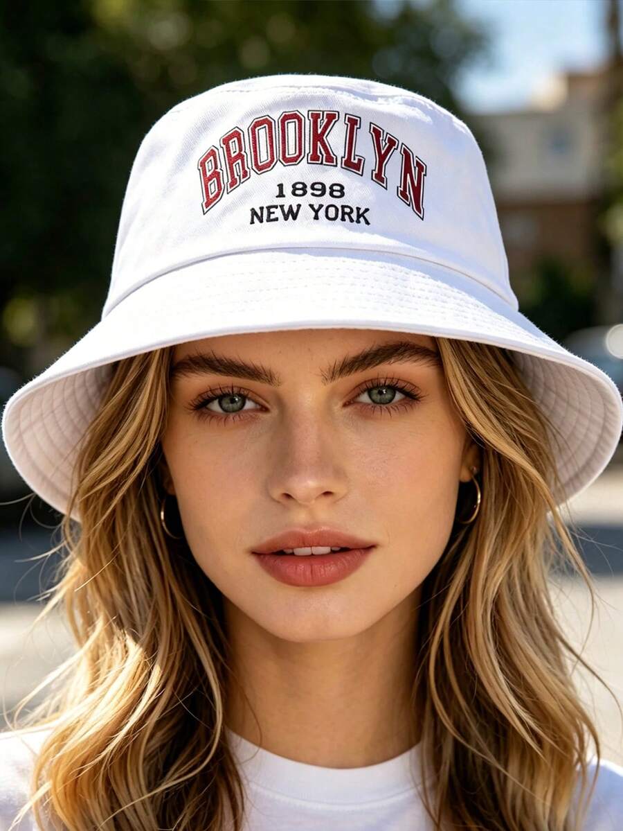 1顶白色标准款渔夫帽，印有“BROOKLYN 1898 NEW YORK”字样，男女通用遮阳帽，夏季必备假日沙滩度假帽，旅行，节日活动帽 - 彩色 - 查看 1