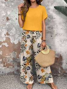 Conjunto de dos piezas para mujer, blusa casual de cuello redondo color amarillo sólido y pantalones anchos con estampado floral, estilo versátil y cómodo, ideal para primavera, otoño, uso diario, salidas y vacaciones - Multicolor 6 - Ver 5
