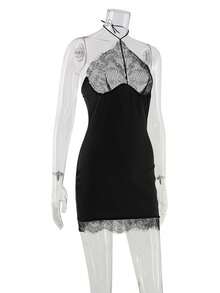 Vestido ajustado con encaje cuello halter estilo sensual primavera - Negro - Ver 5