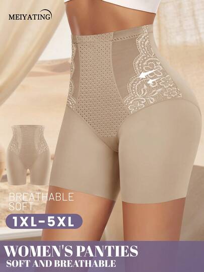MEIYATING Plus Size High Waist Slimming Panties, Breathable Mesh Lace Trim Briefs, Comfortable Safety Shorts For Summer