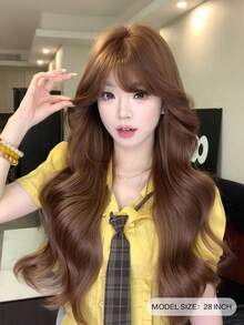 alicegarden 28-Inch Long Synthetic Wig Featuring A Natural Wavy Style In A A Stunning Brown. Designed With Bangs , This False Hairpiece Is Perfect For Ms Daily Party Cosplay Use, Offering A Natural And Natural Durable Wig Gift For Ladies. - Brown - View 3