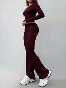 Women's Casual Round Neck Long Sleeve T-Shirt And Pants Set, Versatile For Spring - Red Violet - View 4