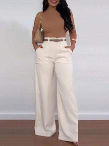 Pantalones casuales de pierna recta y cintura alta de moda para mujer, primavera - Albaricoque - Ver 3