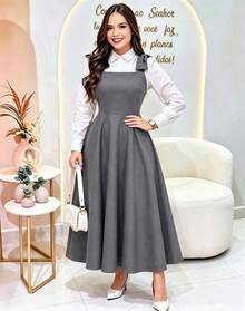 Tailored Dress With Wide Straps And Bow, Code 02, Evangelical Fashion (Shirt Not Included) - Grey - View 1
