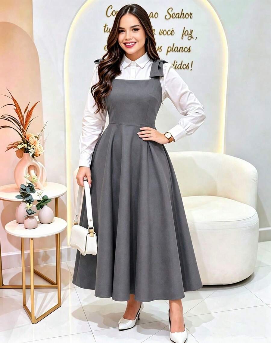 Tailored Dress With Wide Straps And Bow, Code 02, Evangelical Fashion (Shirt Not Included) - Grey - View 1