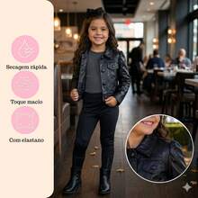 Girls' Black Faux Leather Puff Sleeve Jacket, Blogger Style, Sizes 2 To 10 Years - 黑色 - 查看 3