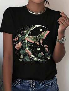 Women's Blouses, Women's T-Shirt With Butterfly, Moon And Flower Design, Boho Style, Perfect Casual Wear For Summer Nights And Nature Lovers, Artistic Print Top, Suitable For Spring, Summer And Autumn. - 黑色 - 查看 1