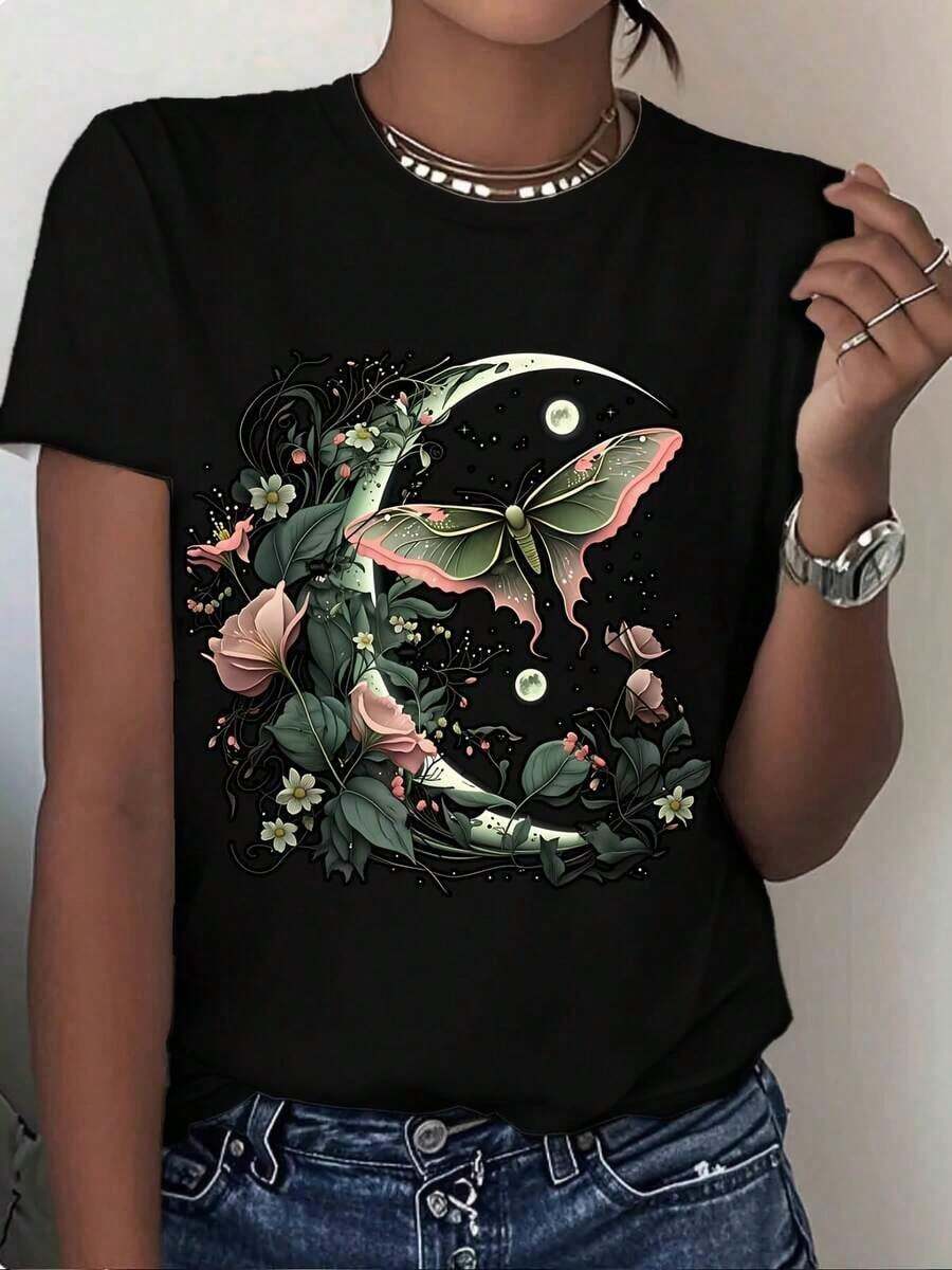 Women's Blouses, Women's T-Shirt With Butterfly, Moon And Flower Design, Boho Style, Perfect Casual Wear For Summer Nights And Nature Lovers, Artistic Print Top, Suitable For Spring, Summer And Autumn. - 黑色 - 查看 1