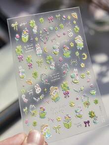 1 Sheet Spring Rabbit Nail Stickers, Cute Rabbit & Flower Self-Adhesive Nail Decals For DIY Nail Art Decoration - Multicolor - View 5