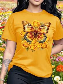 Popular Yellow T-Shirt 2026 Women's Blouse With Yellow Rose And Butterfly Print - Short Sleeve Round Neck T-Shirt, Medium Elasticity (No), Machine Washable Dress For All Seasons, For Parties, Holidays, Birthdays, Casual Clothing Set - Sweet And Elegant Gift Idea - 黃色 - 查看 1