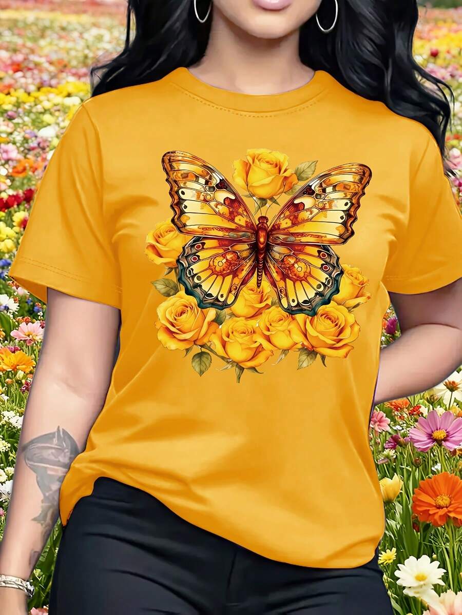 Popular Yellow T-Shirt 2026 Women's Blouse With Yellow Rose And Butterfly Print - Short Sleeve Round Neck T-Shirt, Medium Elasticity (No), Machine Washable Dress For All Seasons, For Parties, Holidays, Birthdays, Casual Clothing Set - Sweet And Elegant Gift Idea - 黃色 - 查看 1