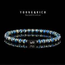 YOUNG&RICH 男士地球主题串珠手链 – 蓝色和天然纹理玻璃珠弹力手链，配不锈钢饰件 - 藍色 - 查看 12