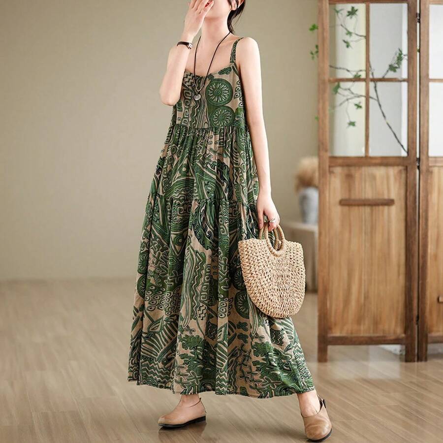 Vestido largo holgado de algodón y lino, cintura alta, fino y cómodo, talla grande, vestido estampado con tirantes para mujer... - 91716 color de imagen - Ver 1
