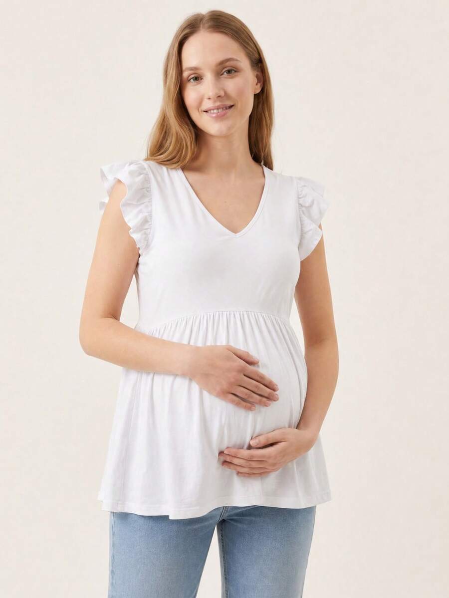 孕妇纯色V领褶皱休闲百搭日常衬衫