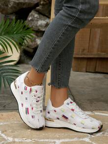 Women's Rainbow Striped Distressed Chunky Sneakers, Fashion New Lace-Up Low-Top Casual Sports Shoes, Soft Sole Comfortable Lightweight Outdoor Casual Trainers, Versatile For All Seasons - White - View 4