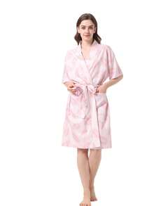 1件女款印花浴袍晨袍居家服休閒夏季禮物 - 粉紅葉睡袍 - 查看 3