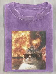 1pcsCute Cat Funny Graphic Graphic T-ShirtMen's Cotton T-Shirt, 230G Washed Short-Sleeve Suitable For Halloween, Christmas And Spring Festival Gifts - 紫色 - 查看 7