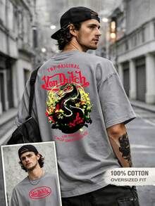 Grey Cotton Graphic T-Shirt Vons Dutch Logo Snake Print Everyday Casual Streetwear Machine Washable Regular Fit All Season Top Weekend Outfit Playful Fashion Durable Shirt Short Sleeve Shirt - 灰色 - 查看 2