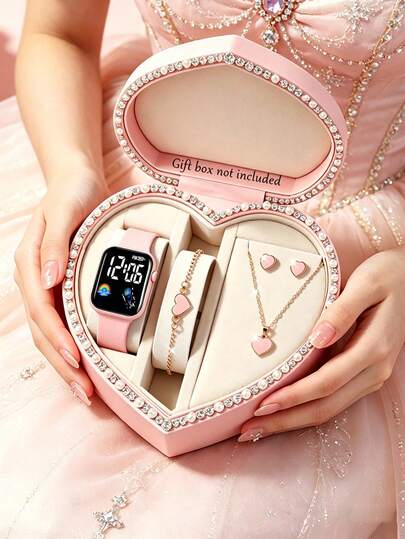 5/1pc Cute Fashion Elegant LED Digital Display Electronic Watch, Paired With Heart-Shaped Bracelet Necklace Earrings, Suitable For Girls Daily Wear Accessories, Birthday/Holiday Gifts, Friends Gifts, Graduation, Party, Vacation, Celebration, Family Gathering, Mother's Day Gift For Girls, Elegant Girl Accessories