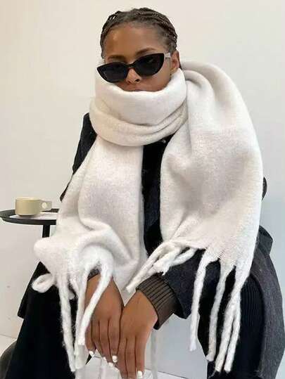 1-Piece Women's Plush Long Solid Color Scarf, Winter Warm Neck, Large Thickened Warm Blanket Scarf With Tassels, Thickened Knitted Tassel Shawl