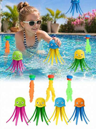 Set de 4 piezas de equipo de buceo con forma de calamar de PVC de colores aleatorios, juego de fiesta para adultos, juguete para atrapar bajo el agua en la piscina de verano, flotadores para piscina, flotadores inflables para piscina, accesorios para piscina, juguete educativo para lanzar, regalo para piscina al aire libre, adecuado para Halloween/Navidad/Acción de Gracias. Piscina, juguetes de piscina, juguetes de piscina.