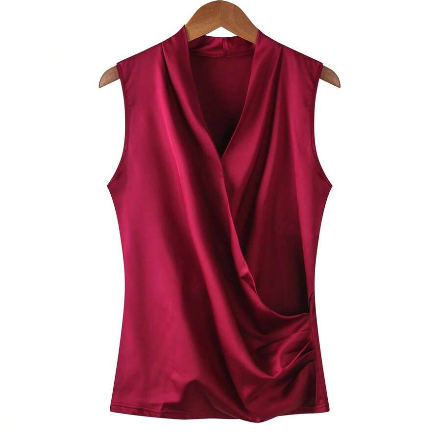 Nueva Blusa Sin Mangas de Satén Suave para Mujer, Top con Cuello en V, Corte Ajustado, Camisas para Usar por Fuera - Burdeos - Ver 1