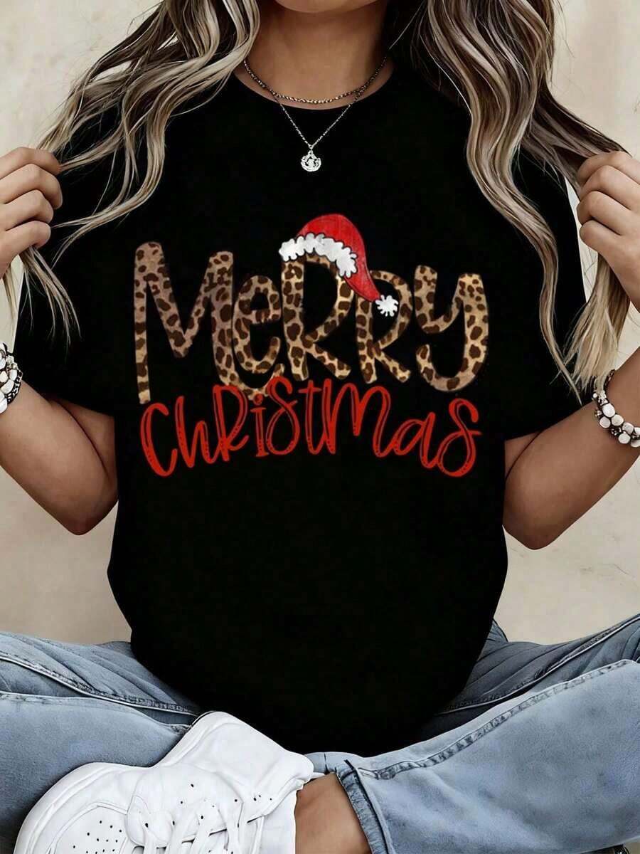 Camiseta de Navidad con Estampado de Leopardo para Mujer, Linda Camiseta Festiva Blanca para Regalo de de Navidad - Estilo Urbano Vintage, Unisex, de Algodón, Manga Corta, Cuello Redondo, Corte Holgado - Negro - Ver 1