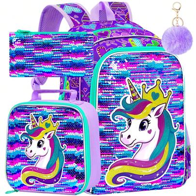 Set de 3 piezas de mochila de niña con unicornio de lentejuelas arcoíris, mochila escolar reversible con lentejuelas, lonchera aislada y estuche de lápices, mochila impermeable y ligera para niños para la escuela, viajes y actividades al aire libre