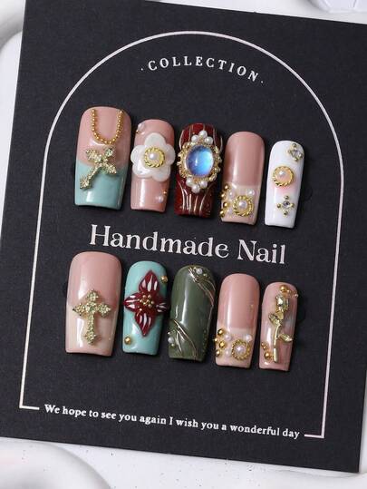 Set de 10 placas de uñas rectangulares hechas a mano en estilo francés multicolor y con patrones 3D tallados a mano, con líneas doradas y diseño de flor de rosa en forma de cruz incrustada. Incluye 1 pieza de gel de gelatina y 1 pieza de lima de uñas. Perfecto para la vida diaria y para disfraces de fiestas del festival de música Coachella, uñas postizas y productos para el cuidado de las uñas.