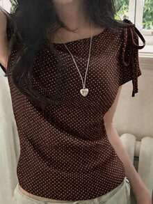 SCARLUX 秋季 Y2K 女款基礎棕色波點掛脖綁帶露肩短袖上衣，修身 T-shirt，適合返校季日常街頭穿搭 - 棕色 - 查看 5