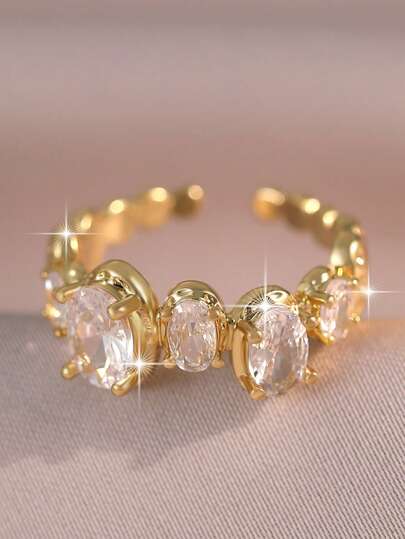 jealous young 1pc Pretty Shining Oval Cubic Zirconia Design Copper Gold Plated Women's Ring, Suitable For Daily Wear, Office Work, Dates, Parties, Weddings, Anniversaries, Birthdays, Gifts