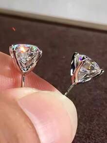 Khuyên tai tròn đính đá Cubic Zirconia sáng bóng tối giản, phụ kiện cơ bản hàng ngày. - Bạc - Xem 5