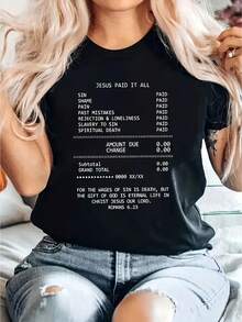 Women's T-Shirt With Inspired Print - Short Sleeve, Round Neck, Casual Style, "Jesus Paid The Price" Design, Black, Perfect For Spring And Summer, Women's T-Shirt - Urban Vintage Style, Unisex, Loose Fit, Cotton, Short Sleeve, Round Neck. - 黑色 - 查看 7