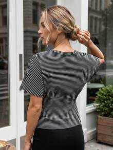 Women T-shirt, Elegant Short Sleeve Crew Neck Slim Summer Striped Tops Streetwear - Negro - Ver 6