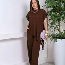 Women's Set: Asymmetrical Blouse With Sleeves, Wide-Leg Pants, Premium Line, Elegant, Sophisticated, Luxurious, Comfortable - Rỉ Nâu - Xem 2